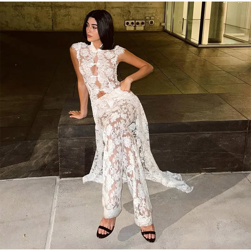 Elegant Lace Trim Two Piece Wide Leg Pant Set for Women