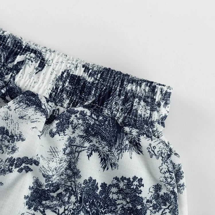 Casual Retro Ink Print Shirt and Shorts Set for Women