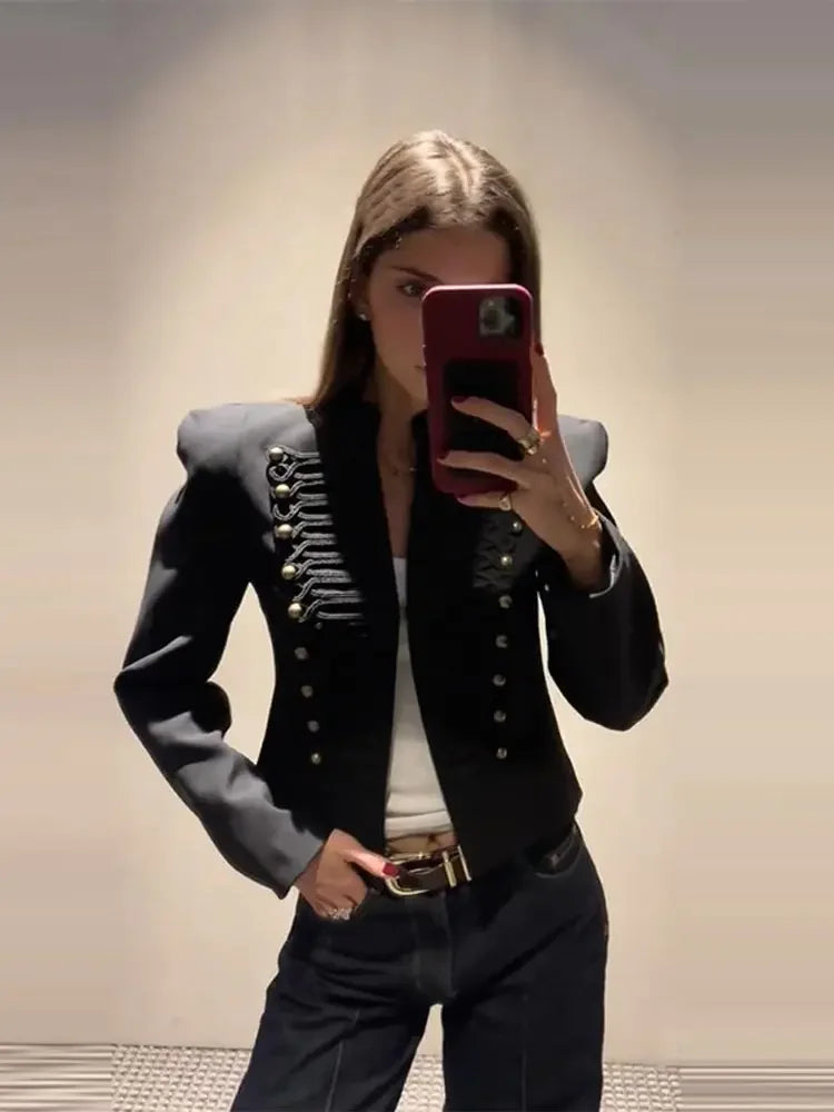 Chic Shoulder Padded Stand Collar Full Sleeve Blazer for Women