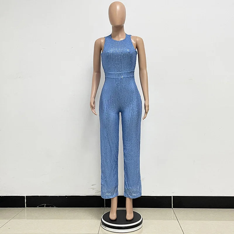Elegant Silver Sequined Straight Cut Jumpsuit for Women