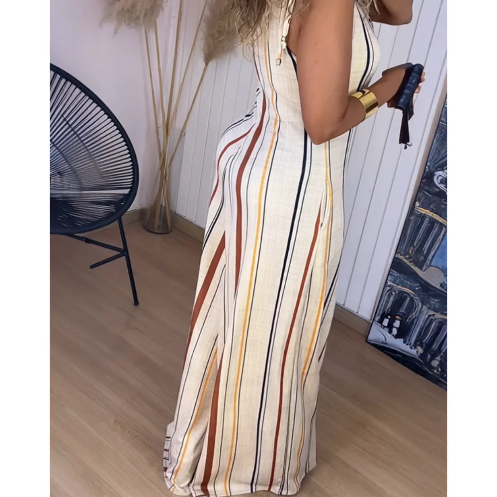 Women'S Striped Print V Neck Shoulder Lace Up Sleeveless Jumpsuit Casual Pocket Design Zipper Wide Leg Romper Summer Outfits