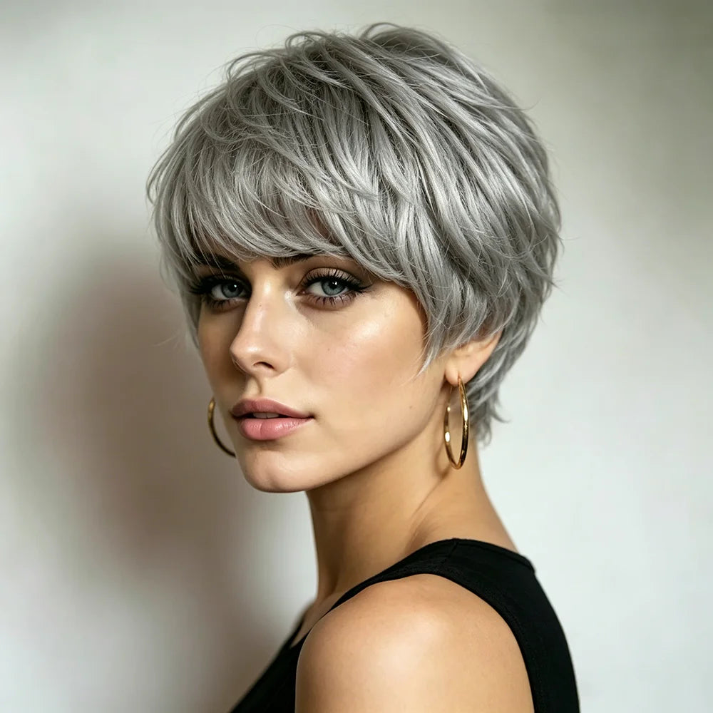 Silver Grey Straight Pixie Cut Premium Human Hair Wig For Women