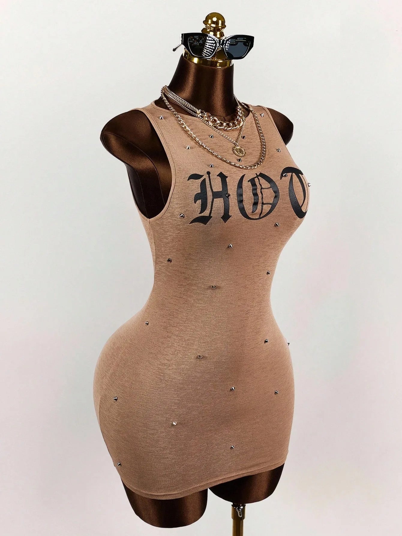 Letter Print Sleeveless Rivet Bodycon Mini Dress for Women
