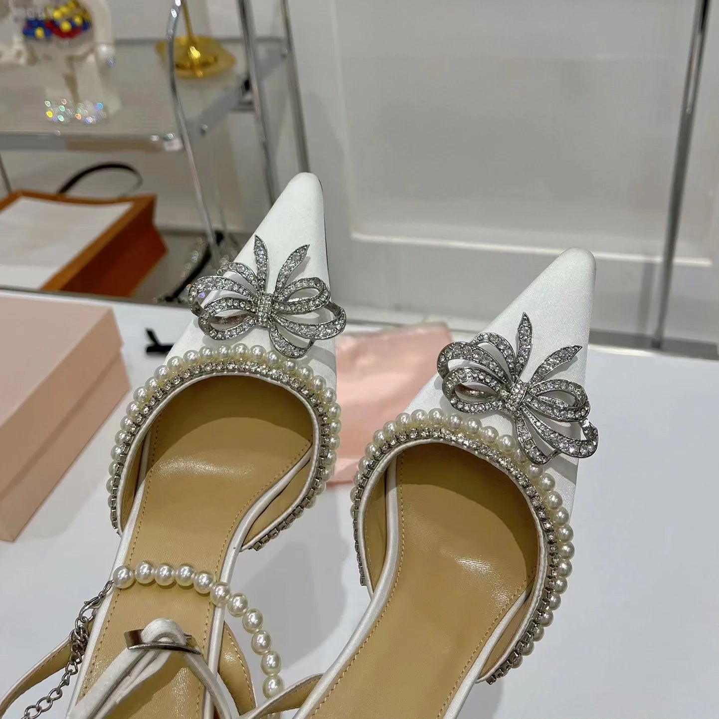 Candy Color Crystal Bow Pearls Buckle Sandals Design Women Rhinestones Bow Pointed Toe Pearls Buckle Slingback 8Cm Heel Sandals