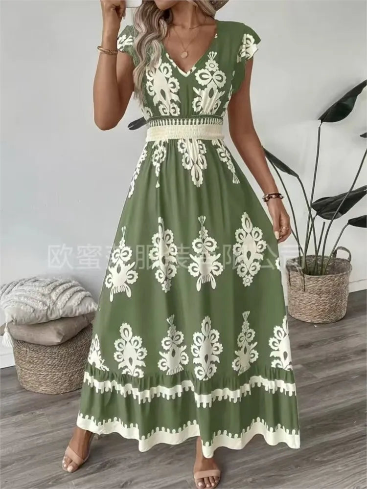 Beach Print Midi with V-Neck and High Waist Dress for Women