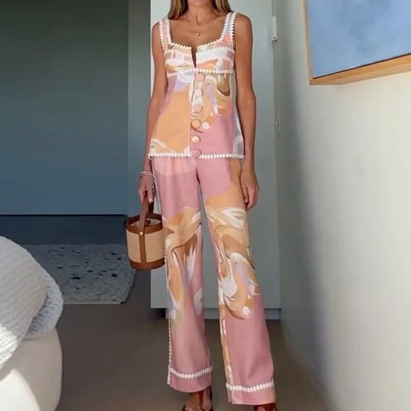 Sleeveless Cardigan Top Two Pieces Matching Sets, Women Summer Printed Patchwork Chic Outfit, V Neck Fashion Simple Ladies Suits