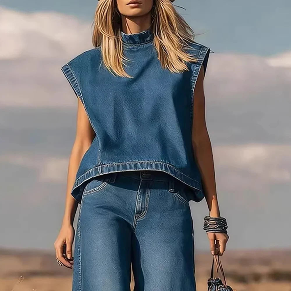 Vintage Sleeveless Denim Two Piece Casual Set For Women