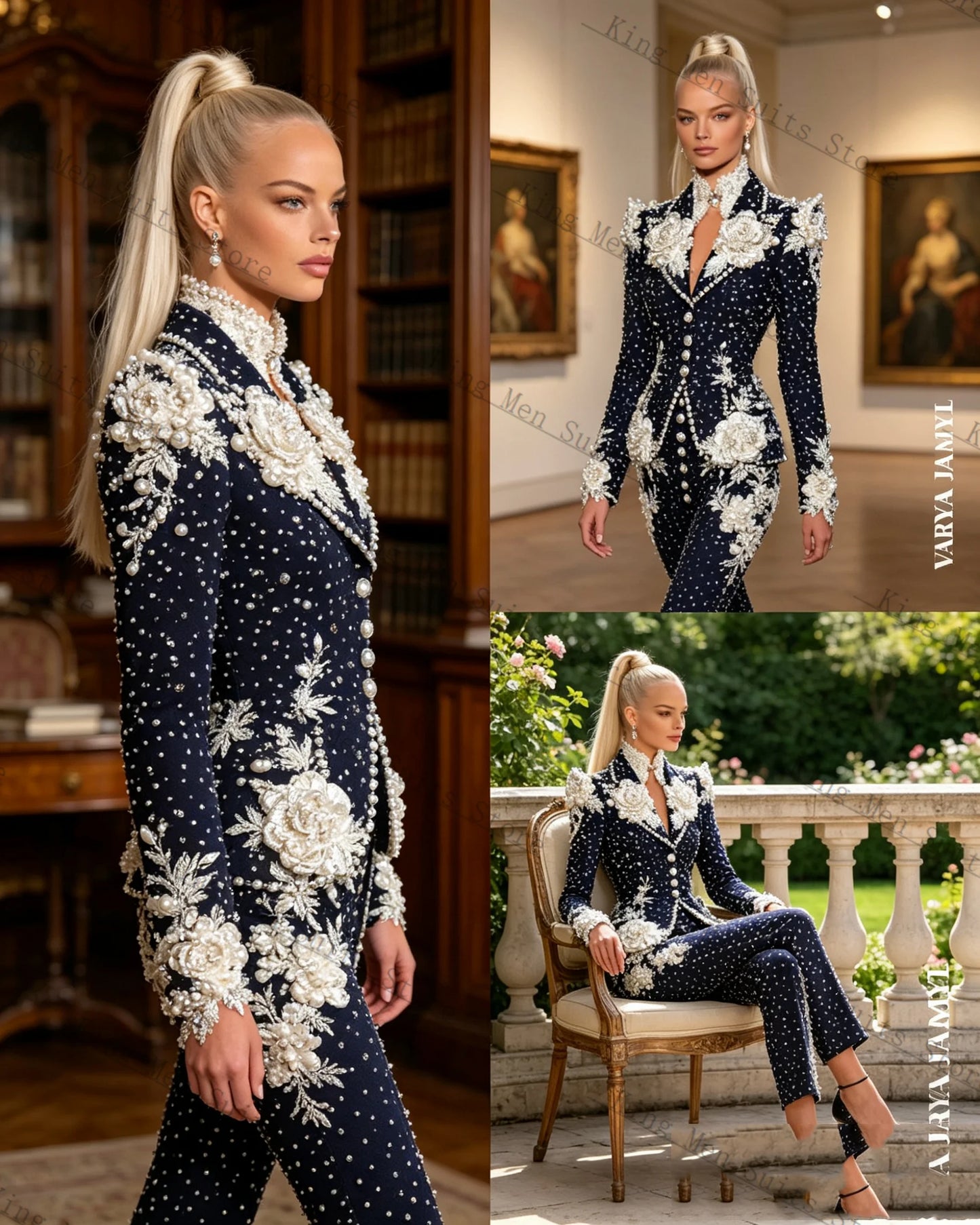 Pearls Formal Women Suits Set 2 Piece Blazer+Pants Trousers 3D Flower Customized Office Lady Jacket Luxury Wedding Prom Coat