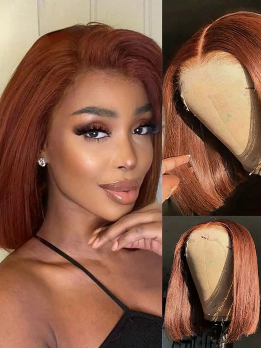 Natural Brown Straight Lace Front Bob Human Hair Wig For Women