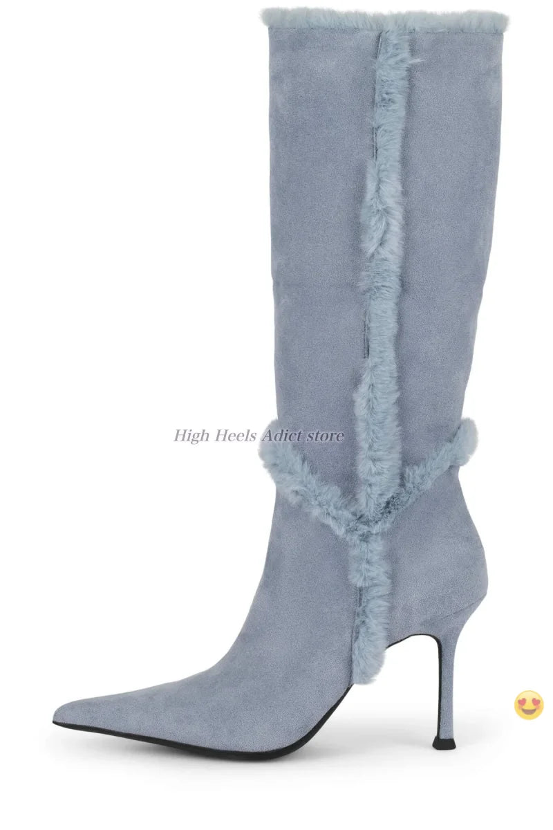 Pointy Toe Suede Fur Lined Slip On High Heel Ankle Boots For Women