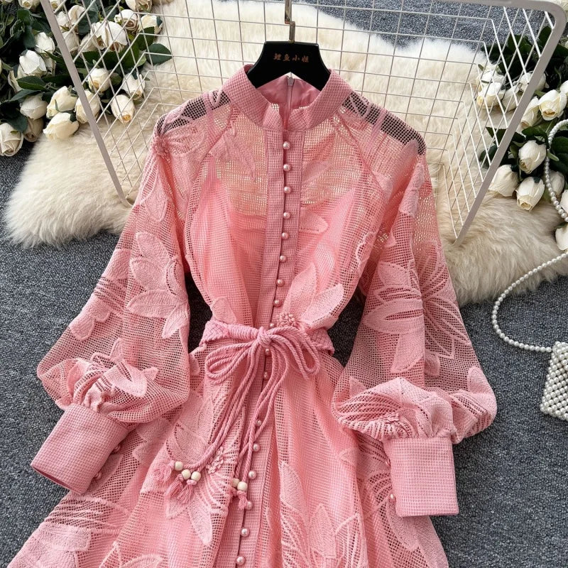 Elegant Embroidered Lantern Sleeve Midi Dress for Women