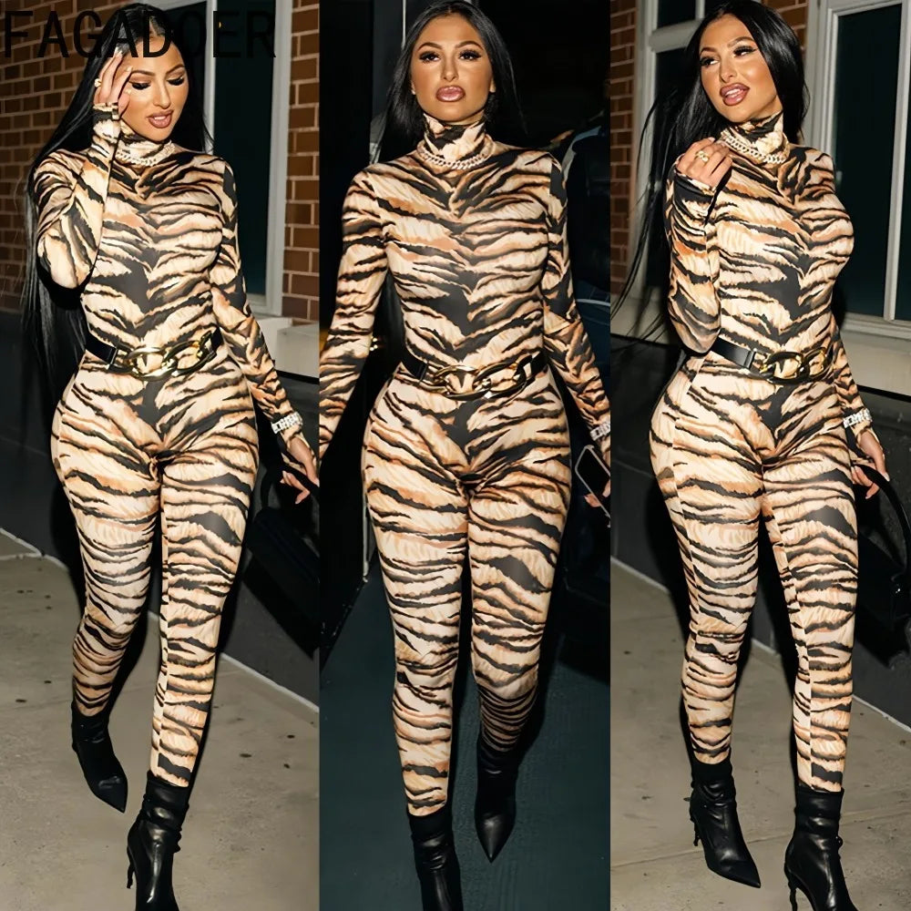 Tiger Print Patchwork Long Sleeve Bodycon Jumpsuit for Women