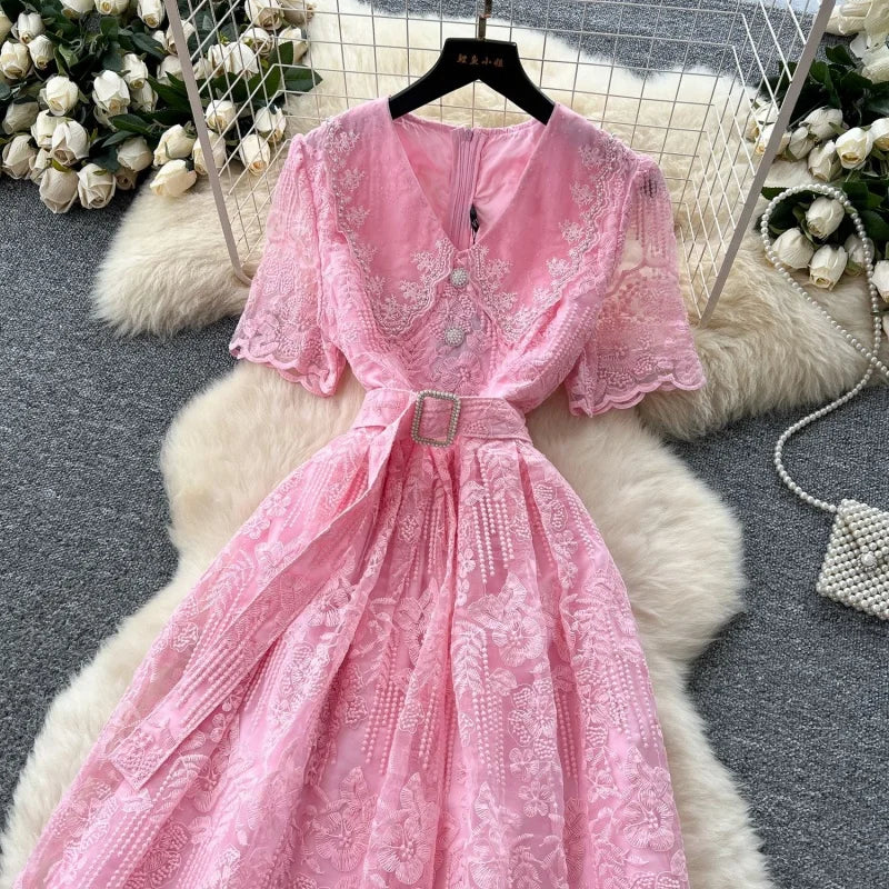 Elegant Lace Embroidery A Line Midi Dress for Women