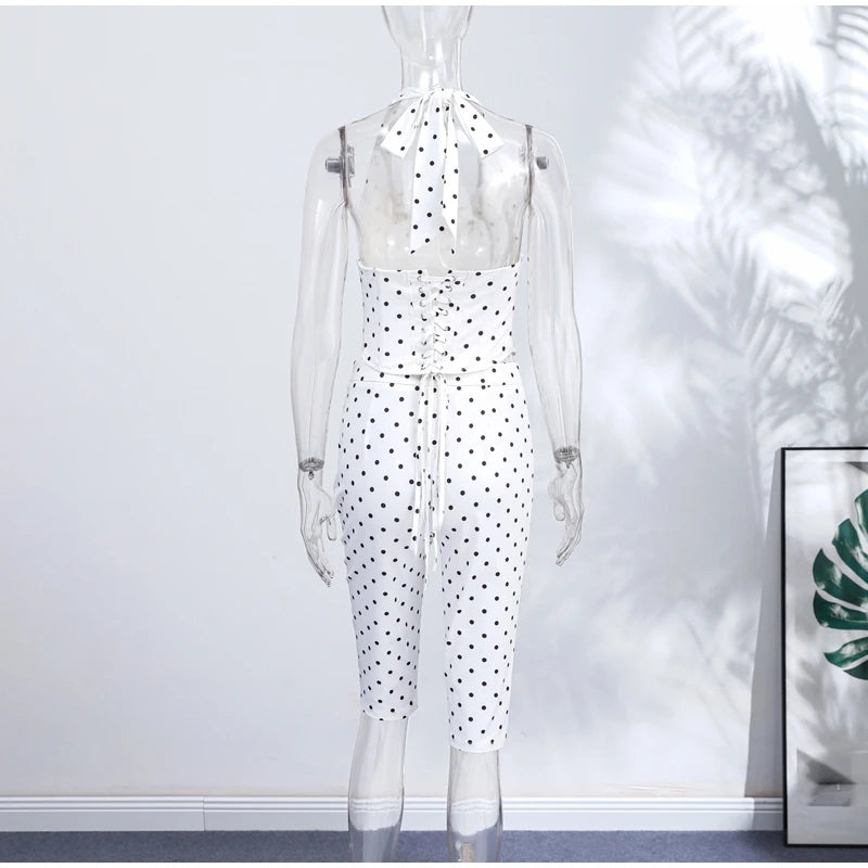 Polka Dot Halter Corset Top and Cropped Pants Set for Women