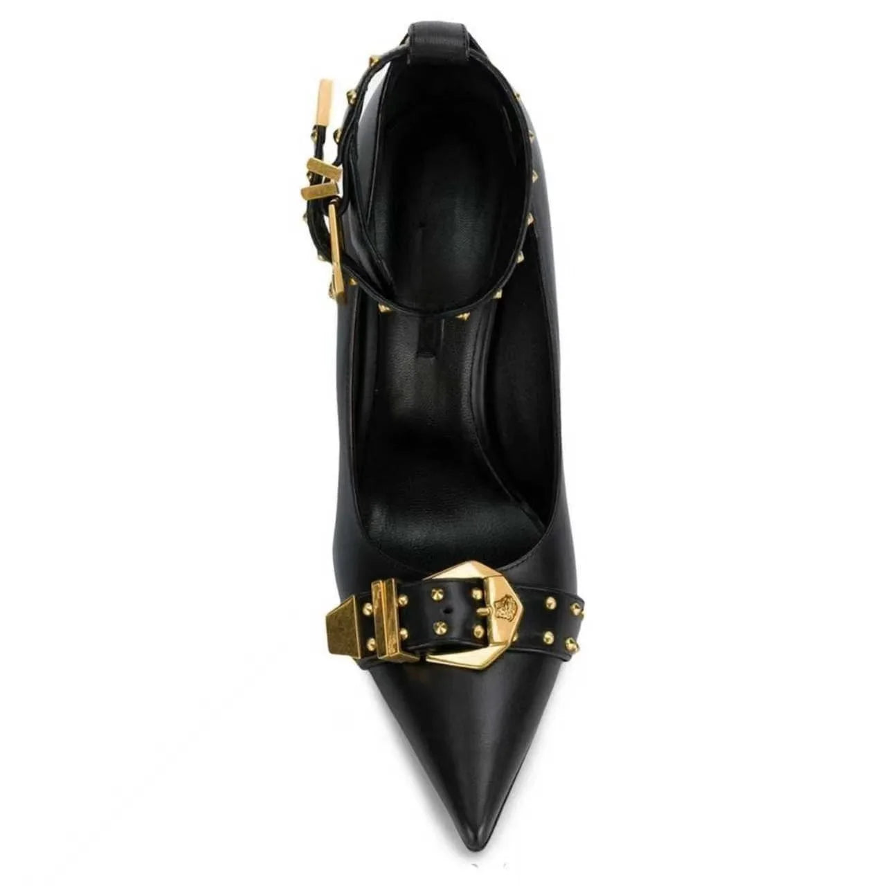Black Faux Leather Pointed Toe Rivet Buckle Stiletto Pumps For Women