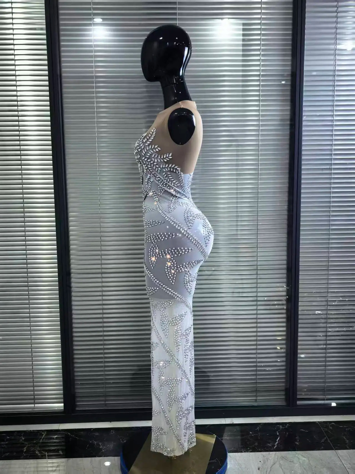 Sexy Mesh See Through Evening Prom Birthday Photo Shoot Singer Stage Outfit Luxury Rhinestone Sleeveless Silver Long Dress