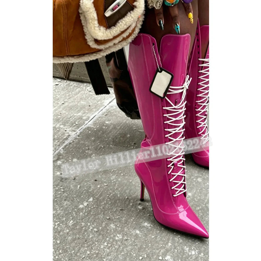 Rose Pink Patent Leather Knee High Stiletto Boots for Women