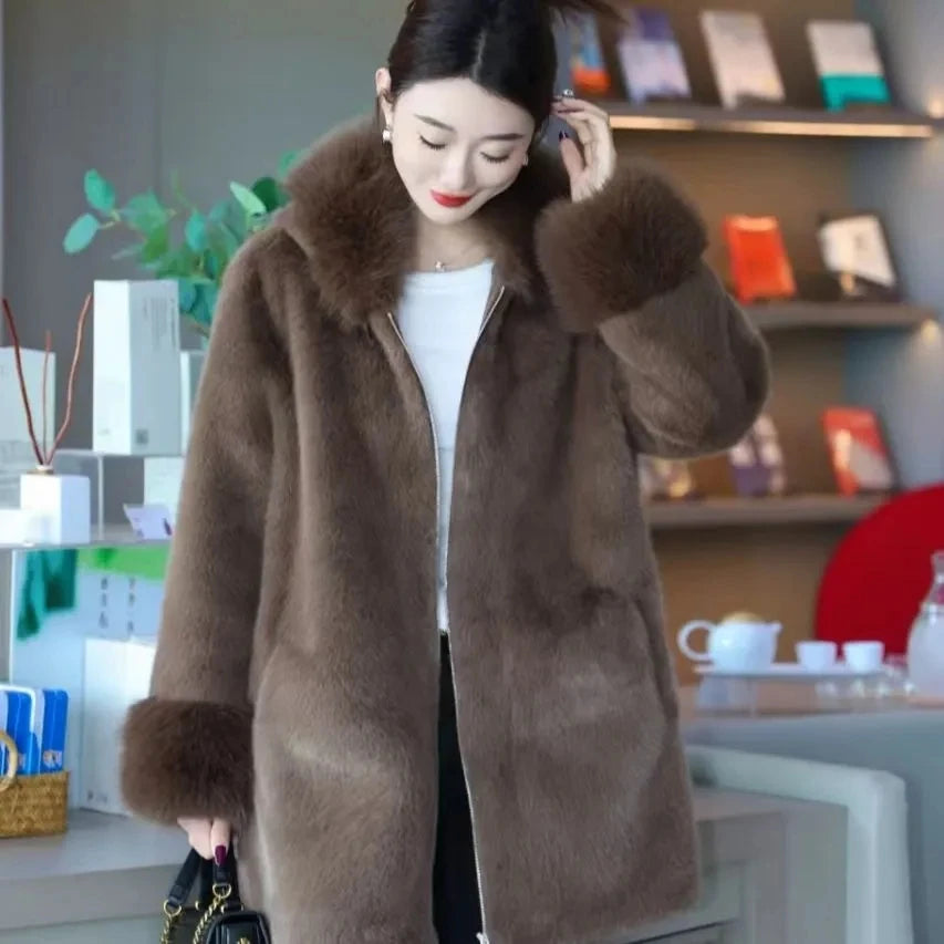 Faux Mink Fur Coat for Women,Zippers Jacket,Female Clothes,Fur Collar,Thick Warm,Autumn and Winter,2025