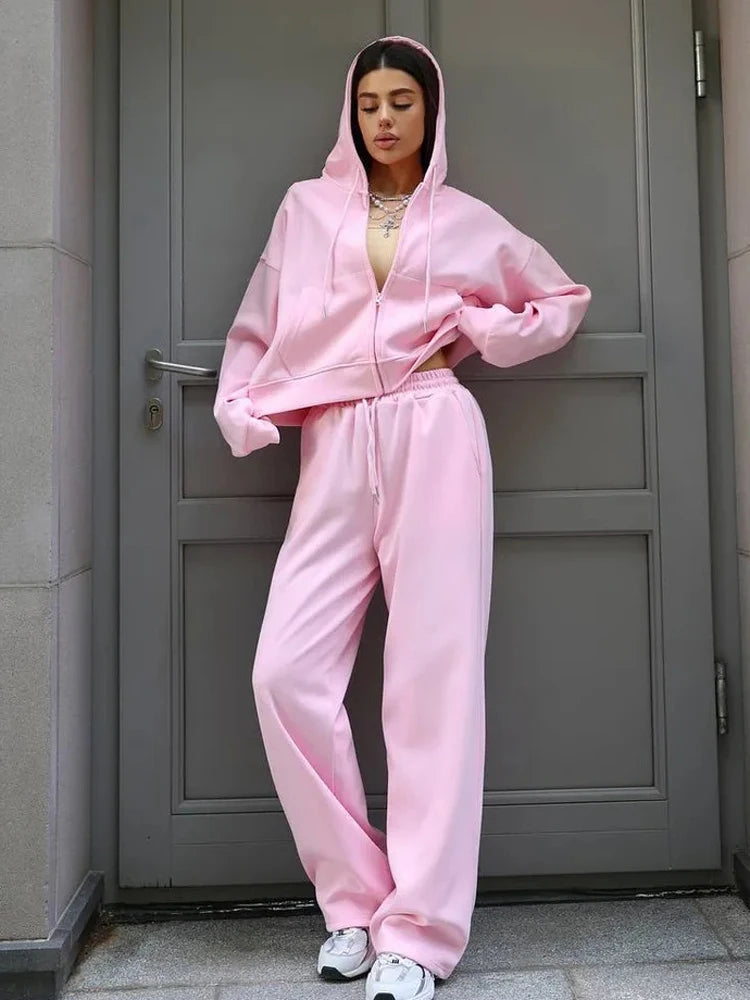 FSMG Casual Hooded Zippers Sweatshirts Pants Set Long Sleeved Cardigan Lace-up Sportswear Two Pieces Set Female Tracksuit Suit