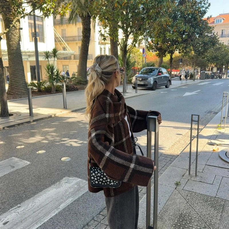 Plaid V-Neck Knit Cardigan With Double Pockets For Women