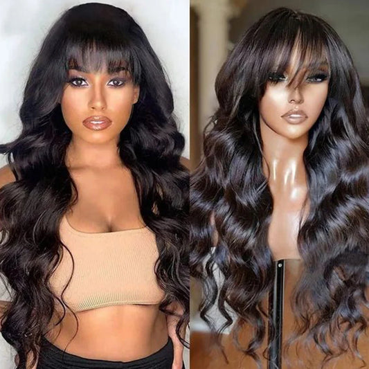 Natural Black Body Wave Human Hair Wig With Bangs For Women
