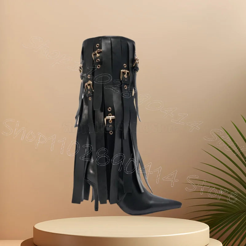 Pointed Toe Buckle Tassel Boots With Thin High Heels For Women