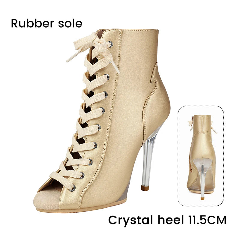 Lace-Up Crystal Heel Ballroom Dance Boots for Women