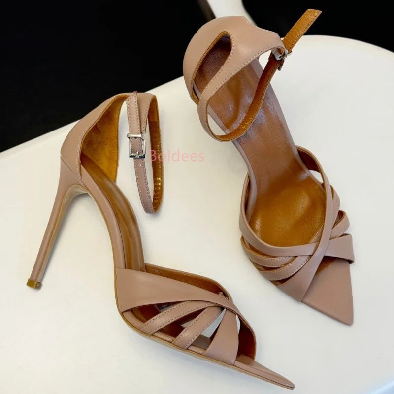 Elegant Nude Black Cross Strappy Crystal Buckle Sandals Thin Heels For Women