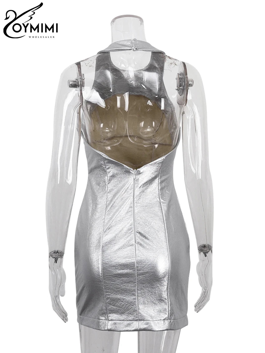 Oymimi Sexy Sliver Bodycon Dress Lady Fashion Slim O-Neck Sleeveless Mini Dress Elegant Classic Party Dresses For Women 2023