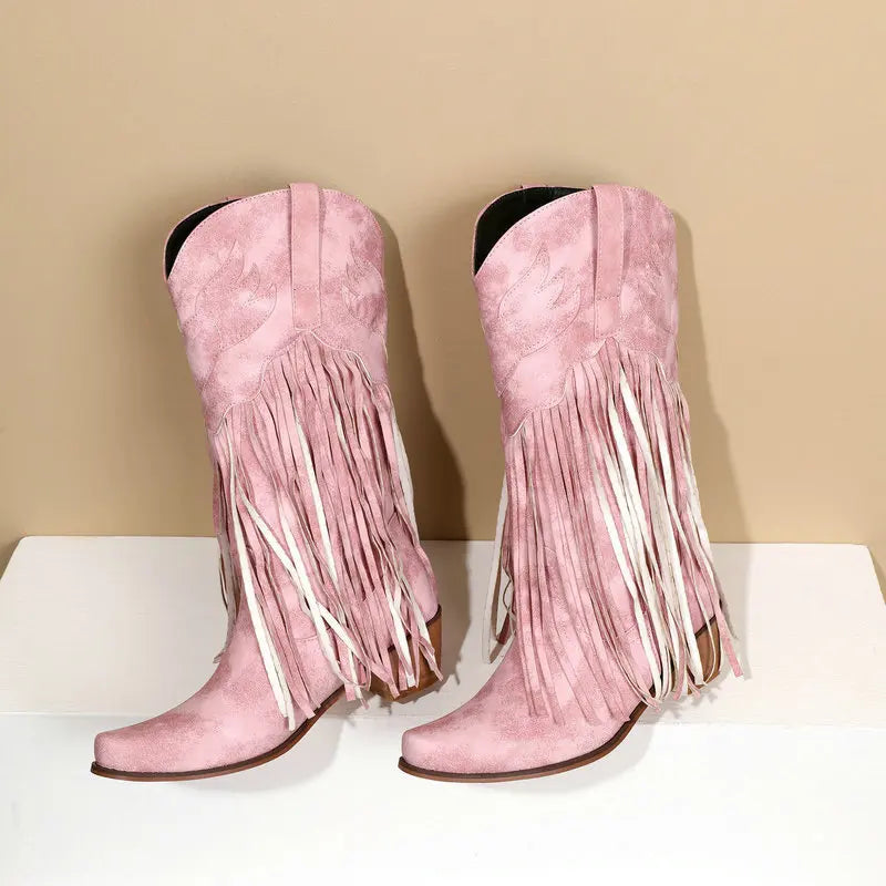 Retro Western Style Mid Calf Boots With Block Heel Tassels For Women