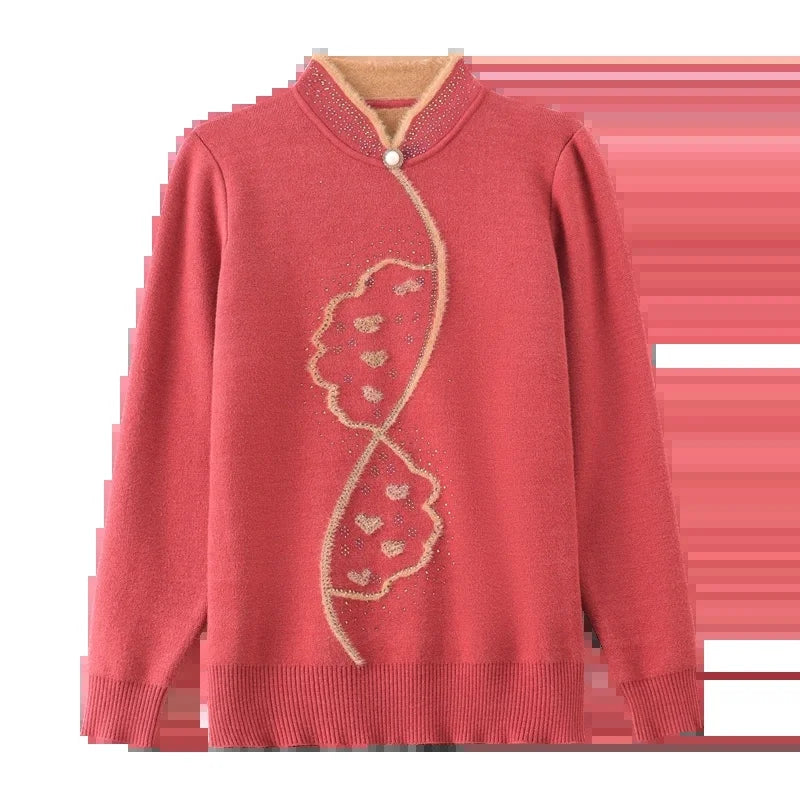 2025 Autumn New Mom's Velvet And Warm Knitted Embroidered Bottom Shirts Imitation Mink Fleece Winter Inner Plsh Thick Pullover