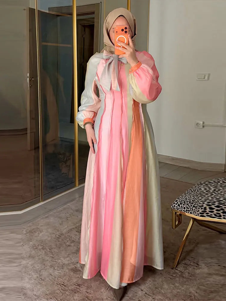 Elegant Chic Color Stripe Balloon Sleeve Dress for Women