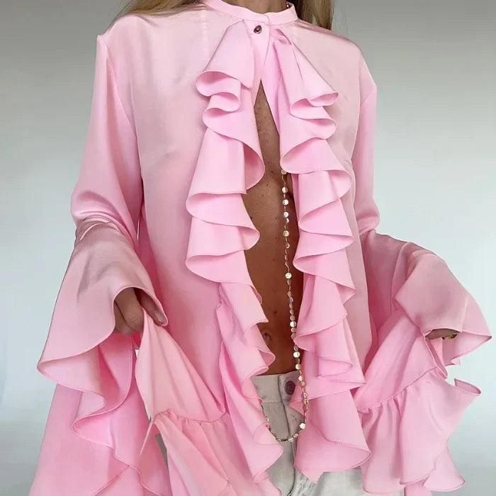 Elegant Blouses Women Fashion Sexy Hot Girl Ruffle Long Sleeve Shirt New Style Temperament Cardigan Top Y2k 2025 Summer New