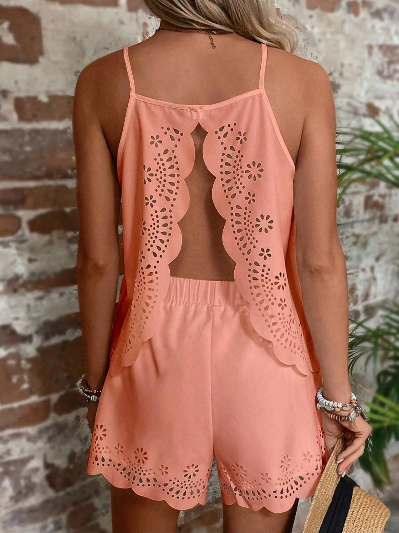 Backless Lace-Up Cami Romper Set