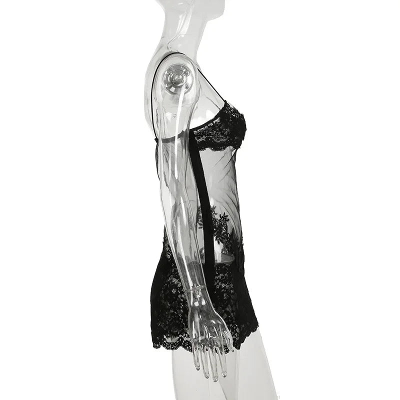 Patchwork Lace Y2K Party Dress Sleeveless Low Neck Mini for Women