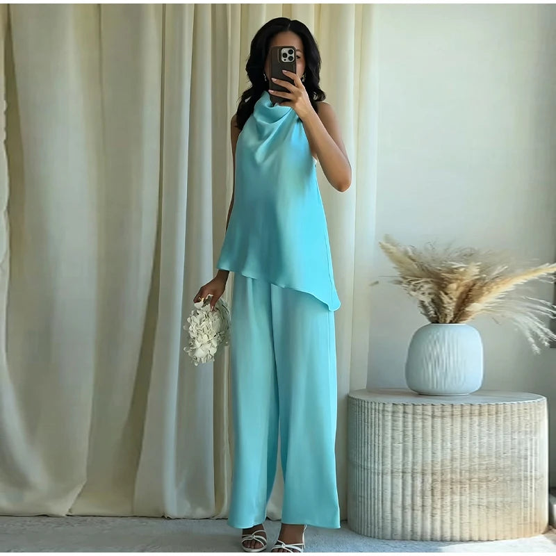 Turquoise Satin Cowl Neck Halter Top And Wide Leg Pants 2 Piece Set For Women