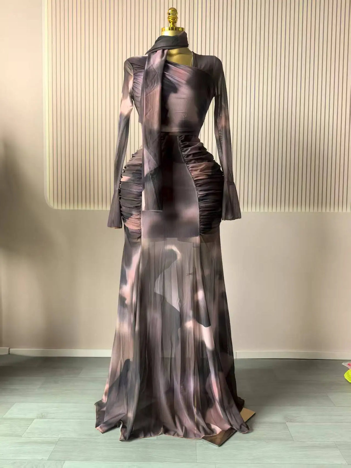 Tie Dye Ruched Skew Neck Long Sleeve Maxi Dress for Women