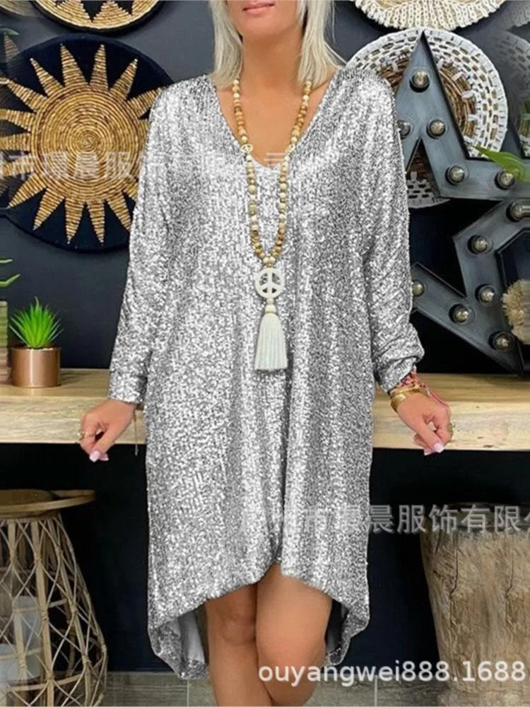 Chic Solid Color Sequin Long Sleeve Mini Dress for Women