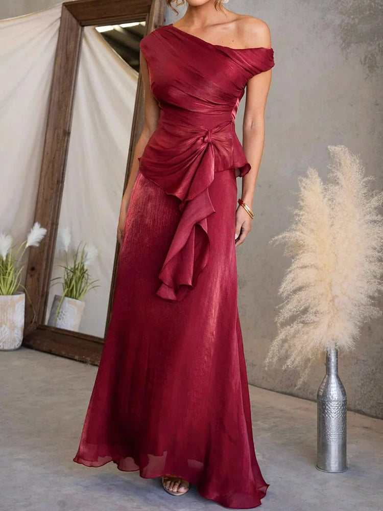 Asymmetrical Collar Top and Maxi Skirt Set for Women