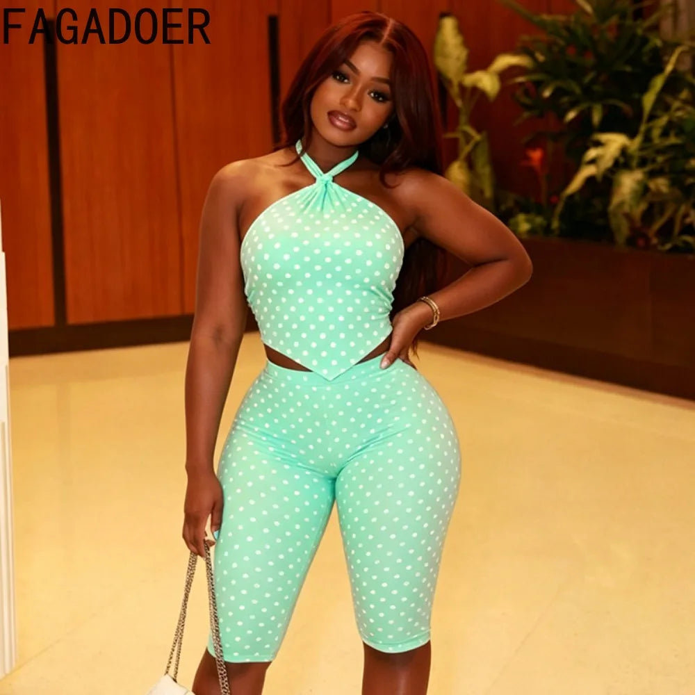 Polka Dot Ruched Mint Green Two Piece Set for Women
