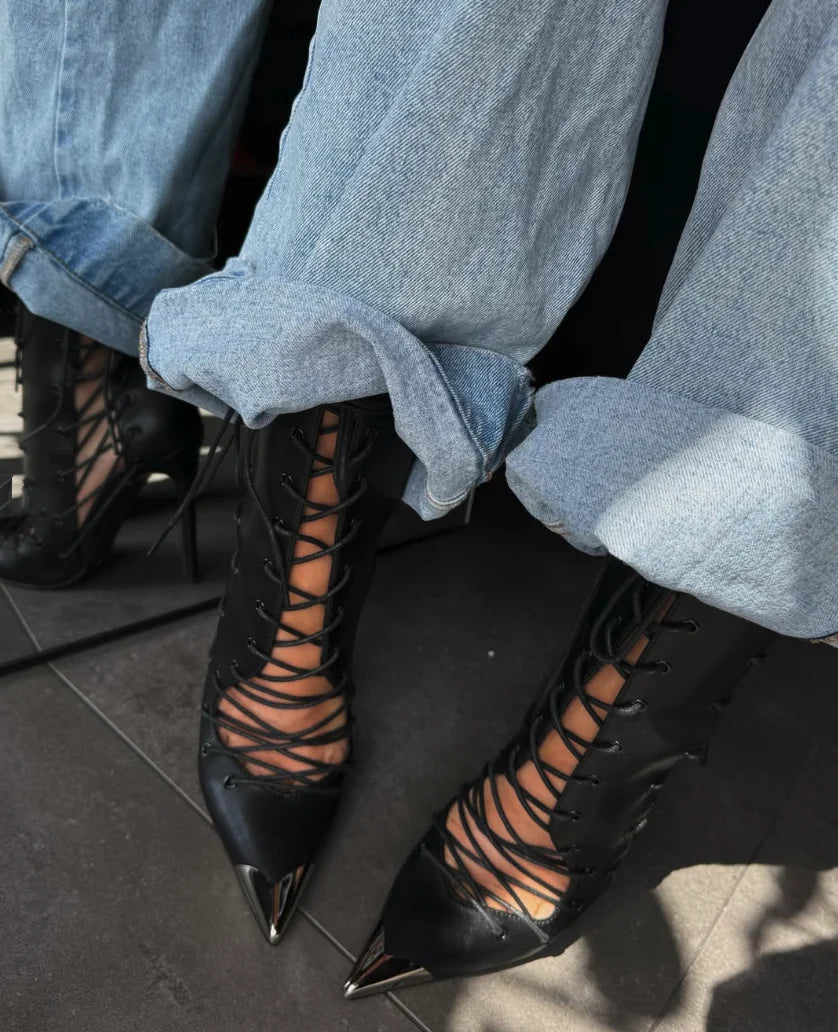 Lace Up Pointed Toe High Heel Ankle Boots for Women