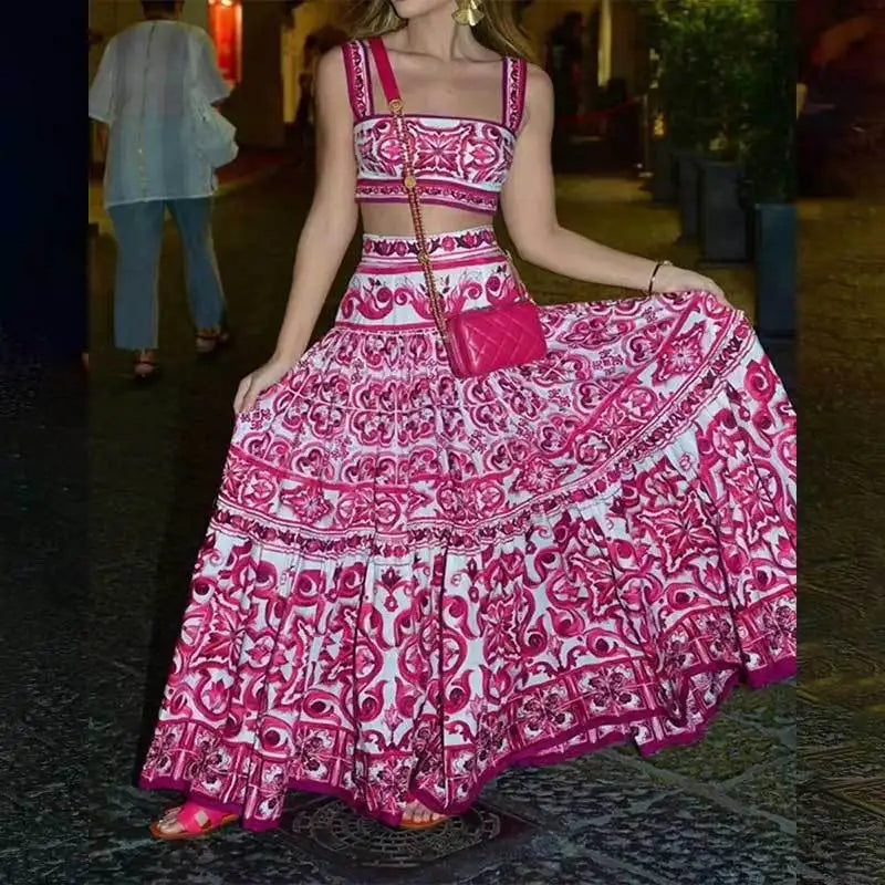 Printed Strapless Crop Top and Maxi Skirt Set for Women