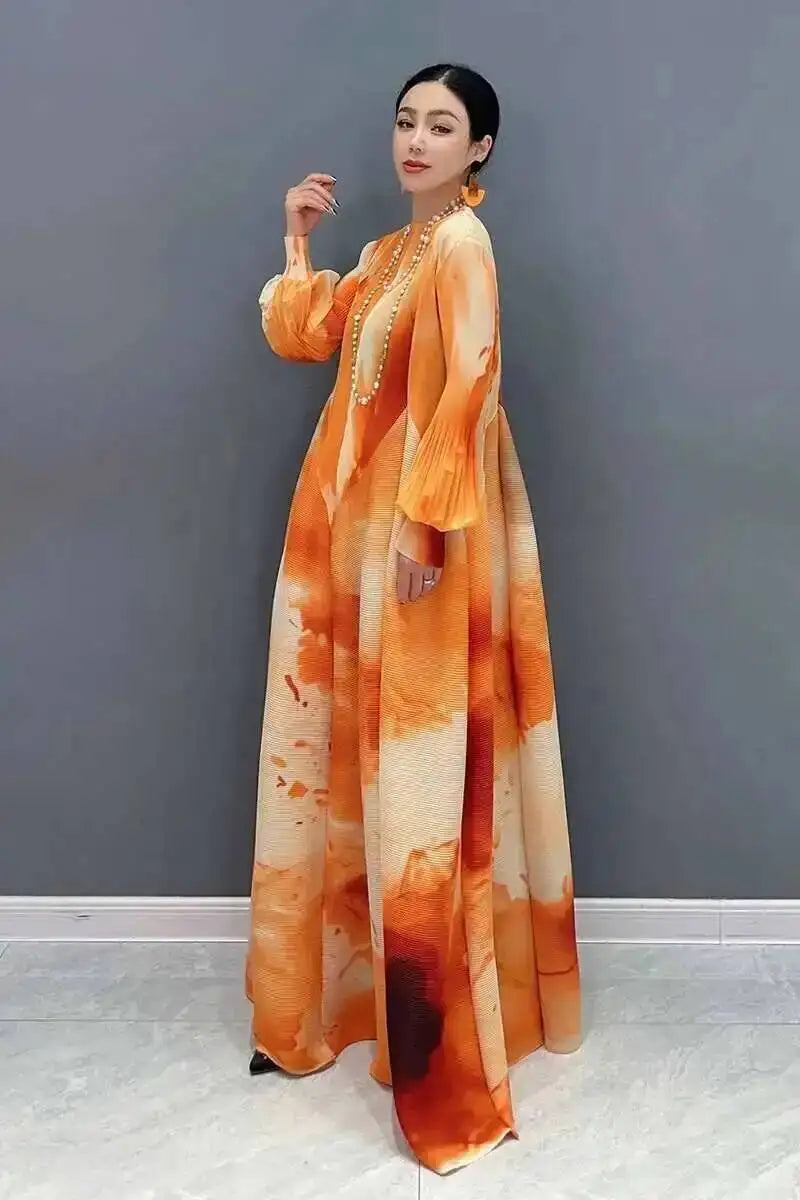 Printed Chiffon Ankle Length Dress With Bubble Sleeves for Women