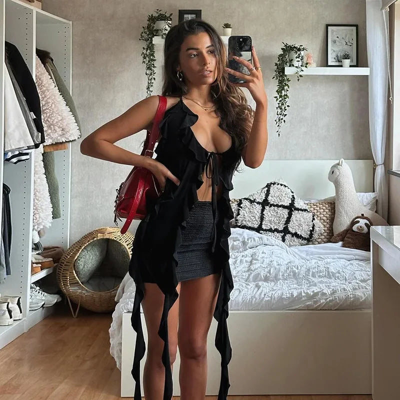 Y2K Sheer Mesh Spaghetti Strap Camisole Top White Ruffle Fringe Halter Tops Coquette Fairy Core Clothes 2024 Fashion