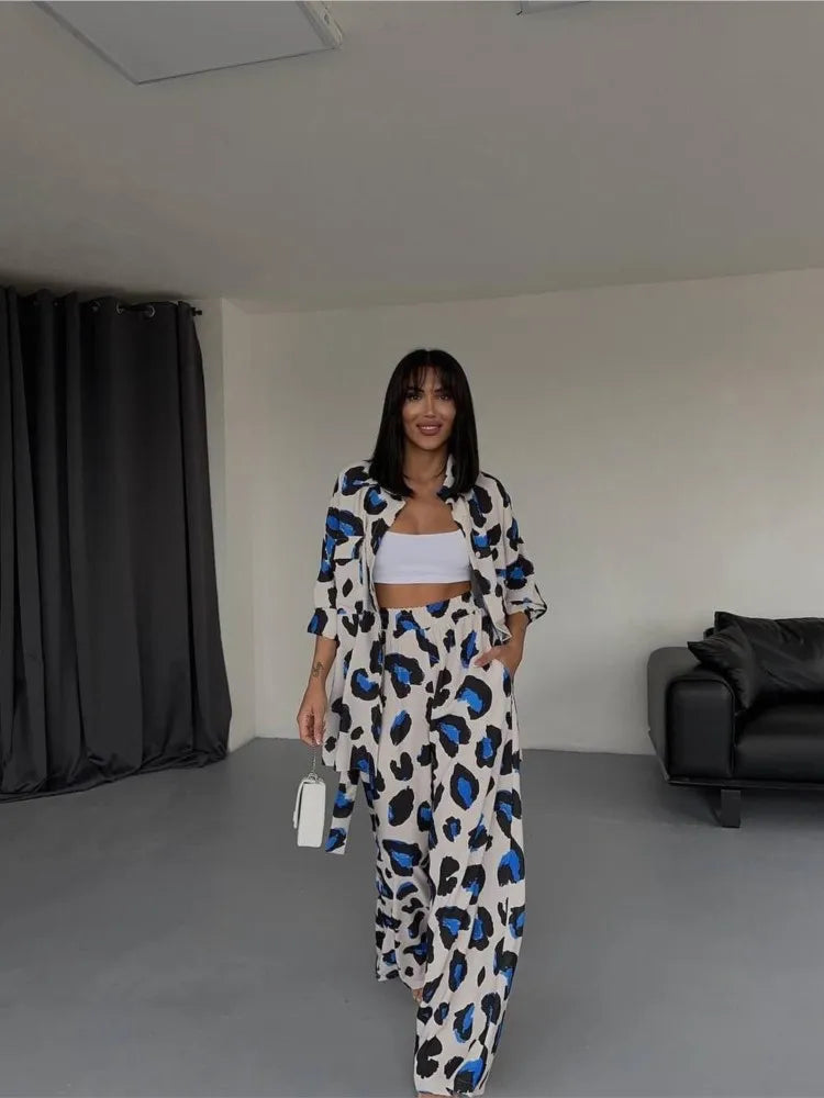 Fashion Leopard Print Women's Two Piece Sets Elegant Casual Button Streetwear Long Sleeve Shirt And Wide Leg Pants 2 Piece Sets