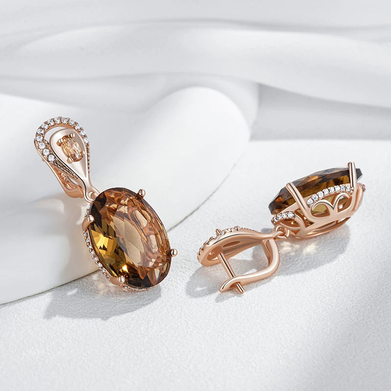 Oval Brown Zircon Drop Earrings