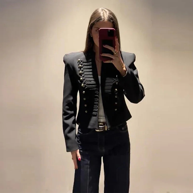 Chic Shoulder Padded Stand Collar Full Sleeve Blazer for Women