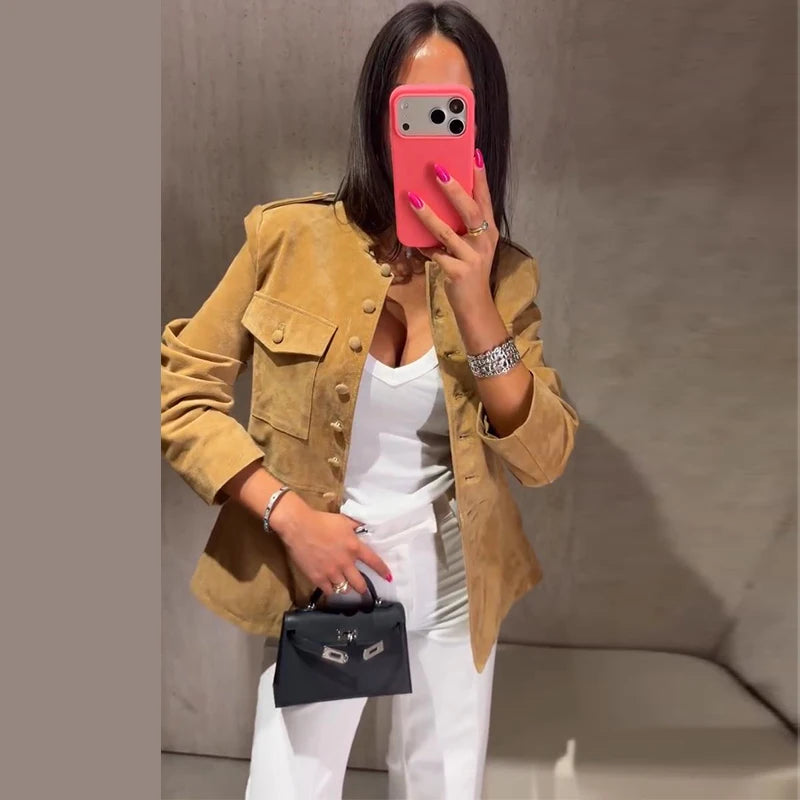 Vintage Stand Collar Single Breasted Military Coat For Women