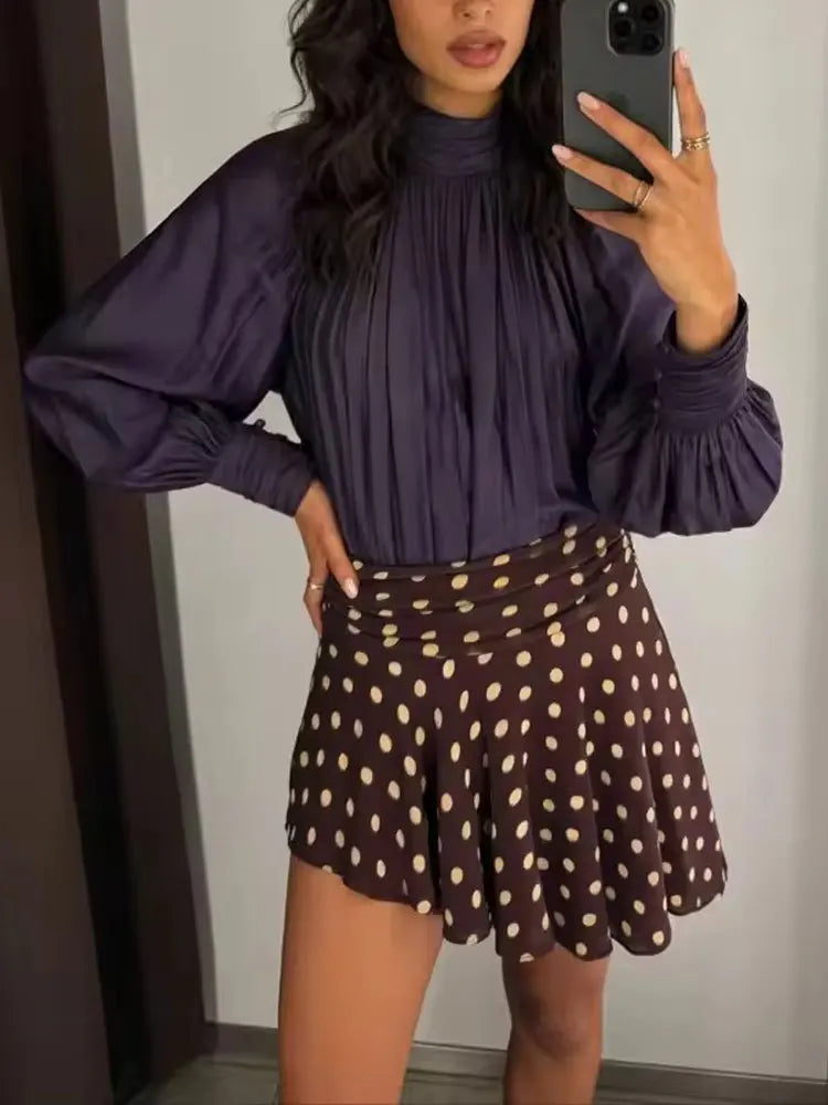 Chic Polka Dot Pleated High Waist Mini Skirt for Women