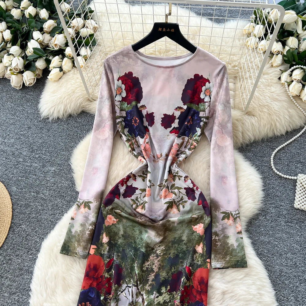 Vintage Floral Print Long Sleeve Maxi Dress for Women